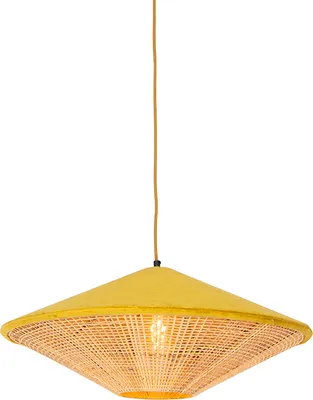 Produktbild von QAZQA - Landhaus I Vintage I Rustikal Landhaus-Pendelleuchte I Esstisch I Esszimmer I Pendellampe I Hängelampe I Pendellampe I Pendelleuchte I Lampe I Leuchte Gelb Samt mit Rattan 60cm - Frills Can I