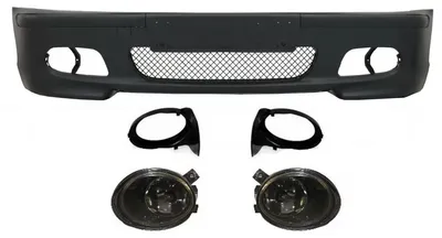 Imagen del producto de Parachoques delantero para BMW E46 (1998-2004) con diseño M-Technik M-Sport, incluye luces antiniebla traseras ahumadas.