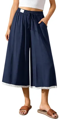 Produktbild von ASKSA Damen Caprihose Leinen Weites Bein 3/4 Hose Sommer Elegant Casual Leicht Freizeithose mit Taschen (Marineblau,S)