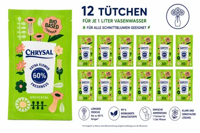 Produktbild von Chrysal Blumendünger Extra Frisch Universal Pulver 12 Tütchen für 12 Liter, KI-generiertes Bild