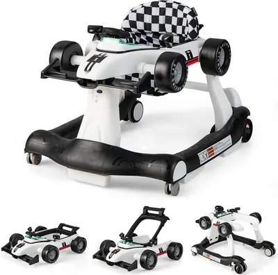 Produktbild von 4 in 1 Autoförmige Lauflernhilfe Höhenverstellbar & Klappbar, Babywalker mit einstellbarer Geschwindigkeit, Lauflernwagen mit Musik & Licht, für Baby von 6-18 Monaten, Weiß