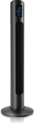 A black tower fan on a white background.