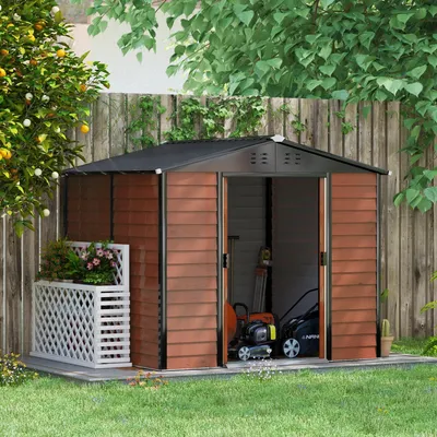 Image de Abri de jardin 4,4 m², abri pour outils de jardin avec toit en appentis, porte coulissante, fondations, acier galvanisé, résistant aux intempéries, 1240 x 206 x 198 cm, teck