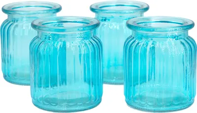 Produktbild von Windlicht Glas gerillt 8x9cm 4er Set türkis