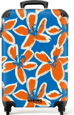 Produktbild von NoBoringSuitcases.com® Koffer Handgepäck Trolley Rollkoffer Kleine Reisekoffer mit 4 Rollen - Blau mit orangefarbenen Blumen - Cabin Size < 55x40x23 cm & 55x40x20 cm - Fotokoffer - Kabinenkoffer - BoardgepäckHandgepäck Koffer 55x35x20 cm, 36L,