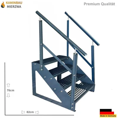 Produktbild von Gitterrost Stahl Freistehende Treppe 4 Stufen Verzinkt & Anthrazit Pulverlackiert + beidseitigem Geländer - (L x B x H) 82cm x 120cm x 76cm