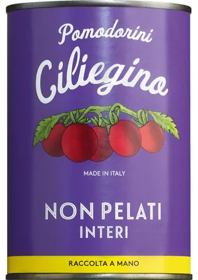 Obrázek produktu pro Viani | Italské třešňové rajčata, neloupaná | Odrůda Pomodorini Ciliegino z oblasti Kampánie | Jemná ovocná chuť a sladkost | Konzerva, 400g