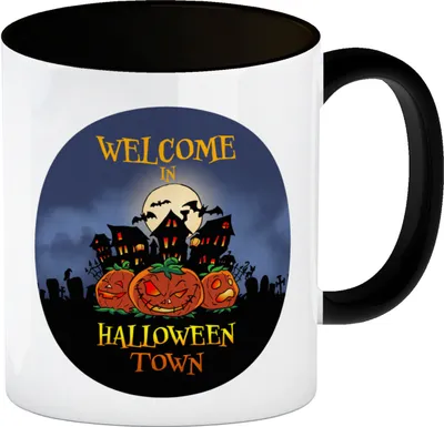 Produktbild von Kaffeebecher Schwarz mit gruseligem Motiv und Spruch - Welcome in Halloween