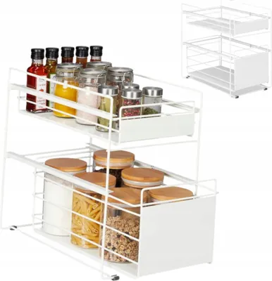 Produktbild von Wysokiej jakości metalowe półki z 2 wysuwanymi koszami w szafce - idealne rozwiązanie do aranżacji kuchni lub łazienki, elegancki biały design, kompaktowe wymiary dla oszczędności miejsca.