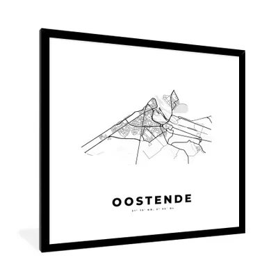 Produktbild von MuchoWow® Gerahmtes Poster Belgien - Ostende - Stadtplan - Karte - Schwarz und weiß - Karte 40x40 cm - Poster mit Schwarzem Bilderrahmen Wandposter Rahmen Foto Bilder - Mit Rahmen - Wanddekoration Schlafzimmer