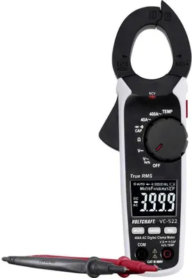 A digital clamp meter and its probes are displayed against a white background.