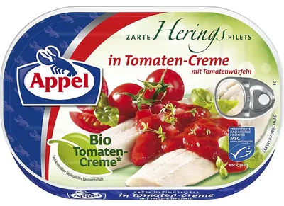 Zdjęcie produktu dla Filety śledziowe Appel w ekologicznej śmietanie z pomidorami pokrojonymi w kostkę 200g