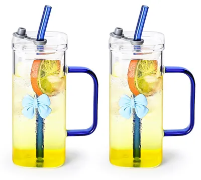 Trinkgläser mit Deckel und Strohhalm, 340 ml, 2er-Set, blau