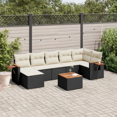 Produktbild von Design 8-tlg. Garten-Sofagarnitur mit Kissen Schwarz Poly Rattan, Gartenmöbel-Sets 2024 Neu
