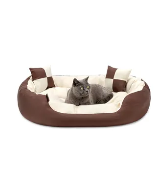Image de lionto Lit pour chats, lit moderne 4 en 1 en tissu Oxford, réversible, résistant aux griffes & facile d'entretien, 85x70 cm, brun/beige