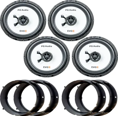 A set of car speakers and mounting rings.