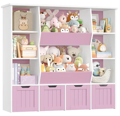 Immagine prodotto di Libreria e scaffale per giocattoli per bambini - Scaffale in legno su rotelle - 8 contenitori estraibili - 9 ripiani - 124,5x35x118 cm - Rosa
