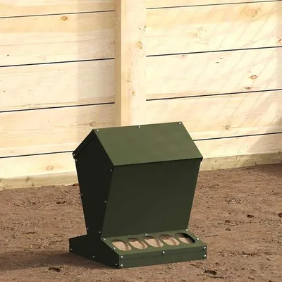 Zdjęcie produktu dla Automatyczny podajnik do karmy dla kur, kolor zielony, wymiary 30 x 30 x 39 cm. Wykonany ze stali walcowanej na zimno. Automatyczny podajnik, stacja karmienia, dozownik wody, antypoślizgowa podstawa. Do użytku wewnątrz i na zewnątrz. Pojemność: 4 kg
