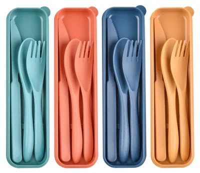 Productafbeelding van Campingbestekset, 4-delig herbruikbaar plastic bestek met etui