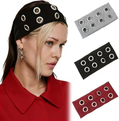 Produktbild von Y2K-Haarband-Set mit 3 Stück, Haarbänder mit Metallring für Damen in 3 Farben (Schwarz, Grau, Rot), dehnbare Mode-Haarbänder für Sport und Yoga