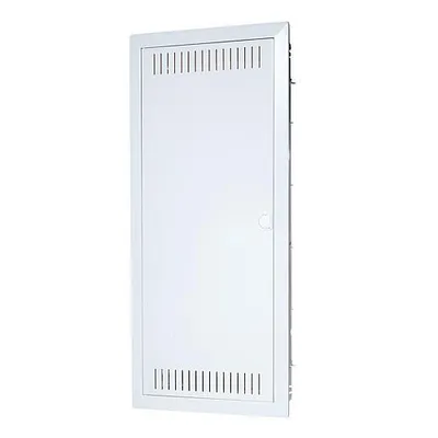 A white electrical distribution box with a door and ventilation slots.