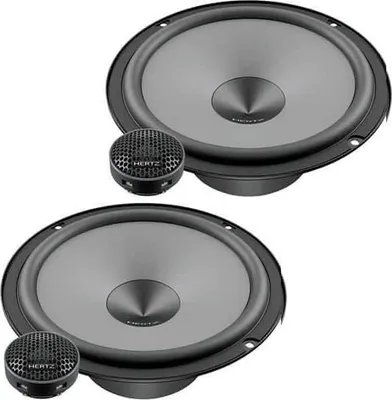 Two car speakers and two tweeters are shown against a white background.