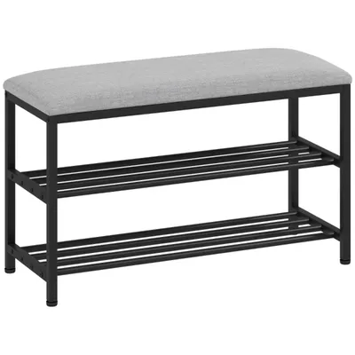 Produktbild von Schuhbank mit Sitzfläche, Sitzbank mit Stauraum, Schuhregal mit 2 offene Fächer, Sitzbank 81 x 31 x 50 cm Schwarz, Metall