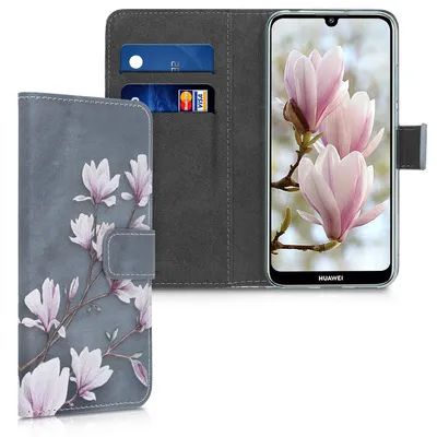 Produktbild von kwmobile Wallet Case kompatibel mit Huawei Y6 (2019) Hülle - Cover mit Ständer und Kartenfächern - Magnolien Taupe Weiß Blaugrau