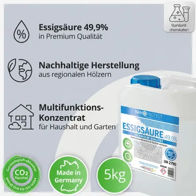 Produktbild von Nanoprotect Essigsäure Klimaneutral - 5 kg | 49,9% | Nachhaltig und CO2 neutral | Ideal als Reiniger und Entkalker | Für Haus und Garten