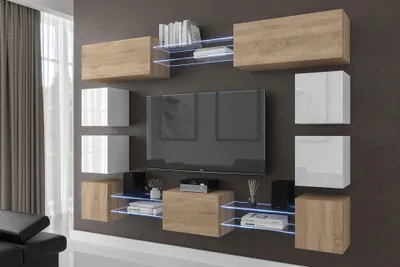 Produktbild von Furnitech Wohnwand Wohnzimmer - Wohnzimmer Möbel mit LED RGB - 16 Farben - Hängend Wohnwand Modern - Wohnzimmer Schrankwand mit Regale und TV Schrank (Future C80N-21SW-HGM41)
