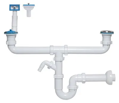 Image de Tuyau de siphon double pour évier, avec raccordement pour lave-vaisselle. Siphon double, siphon pour évier