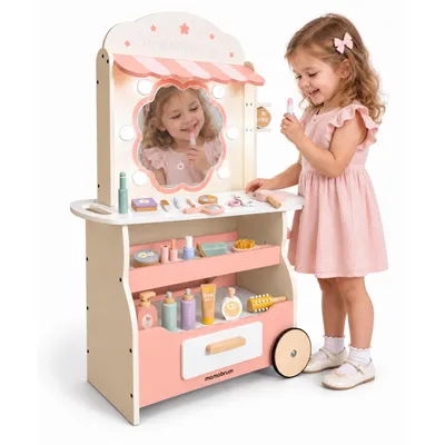 Produktbild von Mamabrum Kinder-Friseursalon aus Holz mit LED-Spiegel und 20 Zubehörteilen, mobil auf 2 Rädern, 60,5 × 25 × 93 cm, ab 3 Jahren