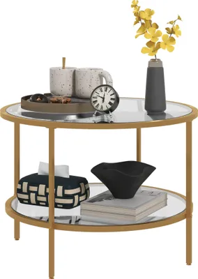 Produktbild von HOMCOM Beistelltisch Rund Couchtisch mit Ablage, Stahlrahmen, Kaffeetisch Gold
