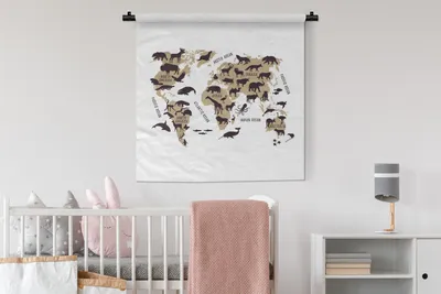 Produktbild von MuchoWow® Wandteppich Wandbehang Weltkarte Kinder - Braun - Weiß 90x90 cm Tapisserie Dekoration Wandtuch - Wandaufhänger