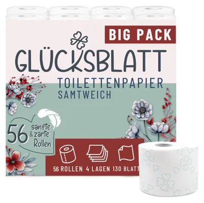 Produktbild von Glücksblatt Toilettenpapier SAMTWEICH mit Vanilleduft, 4-lagig, 56 Rollen x 130 Blatt, 100% Zellstoff