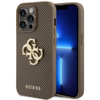 Produktbild von Guess PolyurethanPerforated 4G Glitter Metal Logo Back Cover für iPhone 15 Pro Taupe