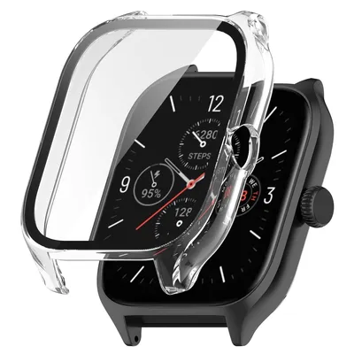 A clear protective case is shown being placed over a smartwatch.