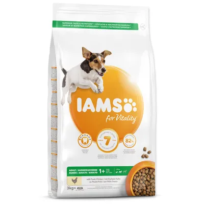 A bag of IAMS dog food with a dog jumping.