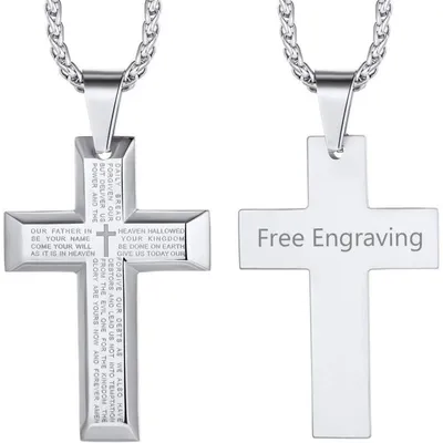 Productafbeelding van Kruis hanger ketting, roestvrij staal, 50+5 cm, tarweketting, zilver/goud/zwart, graveerbaar