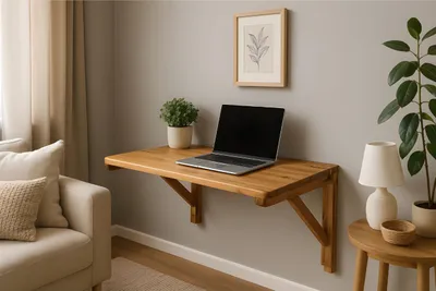 A wooden wall-mounted folding desk with a laptop and a plant on it, next to a sofa and a side table with a lamp.