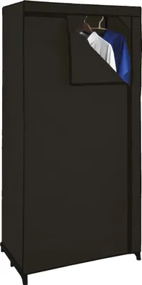 A black fabric wardrobe with clothes hanging inside.