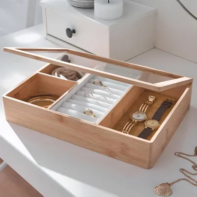 Produktbild von Aufbewahrungsbox "Bamboo" Schmuckkästchen aus Bambus mit Glasdeckel, Schmuckschatulle, Schmuckkasten, Schmuckaufbewahrung