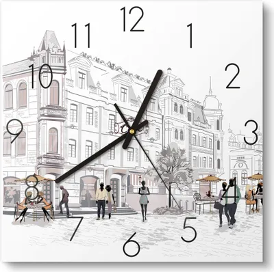 Produktbild von DEQORI Glasuhr 30x30 cm Zahlen 'Innenstadt-Szene' Wanduhr Glas Uhr Design leise