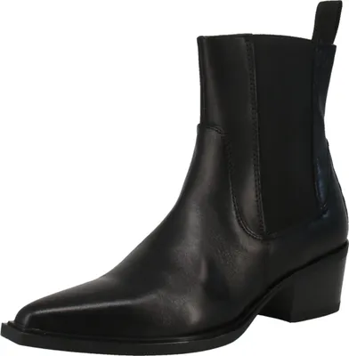 A black leather boot on a white background.