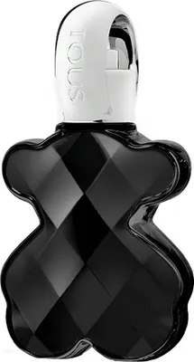 A black perfume bottle shaped like a bear with a silver cap.