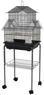 Produktbild von Designer-Vogelk?fig mit hausf?rmigen Futterstellen, Sitzstangen, 3 Tš¹ren, herausnehmbarer Kotwanne und Tragegriff; schwarz