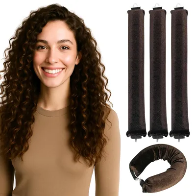 Produktbild von Lockenwickler 3er-Set – Heatless Overnight Curls für natürliche, voluminöse Wellen – Weiche Locken Samt-Haarroller mit Hakenverschluss (Braun)