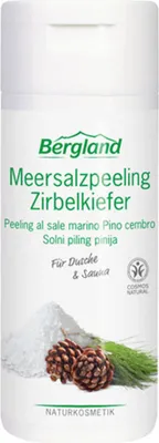 Produktbild von Das Bergland Salzpeeling Zirbelkiefer mit feinem Meersalz reinigt die Haut sanft, entfernt abgestorbene Hautschüppchen und regt die Hautdurchblutung an. Mandel- und Sonnenblumenöl verwöhnen die Haut intensiv. Der frisch-würzige Nadelholzduft weckt die Leb 220 g