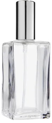 Produktbild von Klarglas-Flasche, viereckig, mit Zerstäuberpumpe + silberner Kappe, für 100 ml, Höhe 13 cm