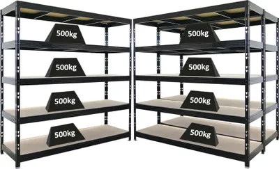 Produktbild von Mega Deal | 3x Profi Schwerlastregal Rhino | HxBxT 200x200x60cm | 5 Spanplatten-Ebenen 8mm | Fachlast 500kg | Schwarz